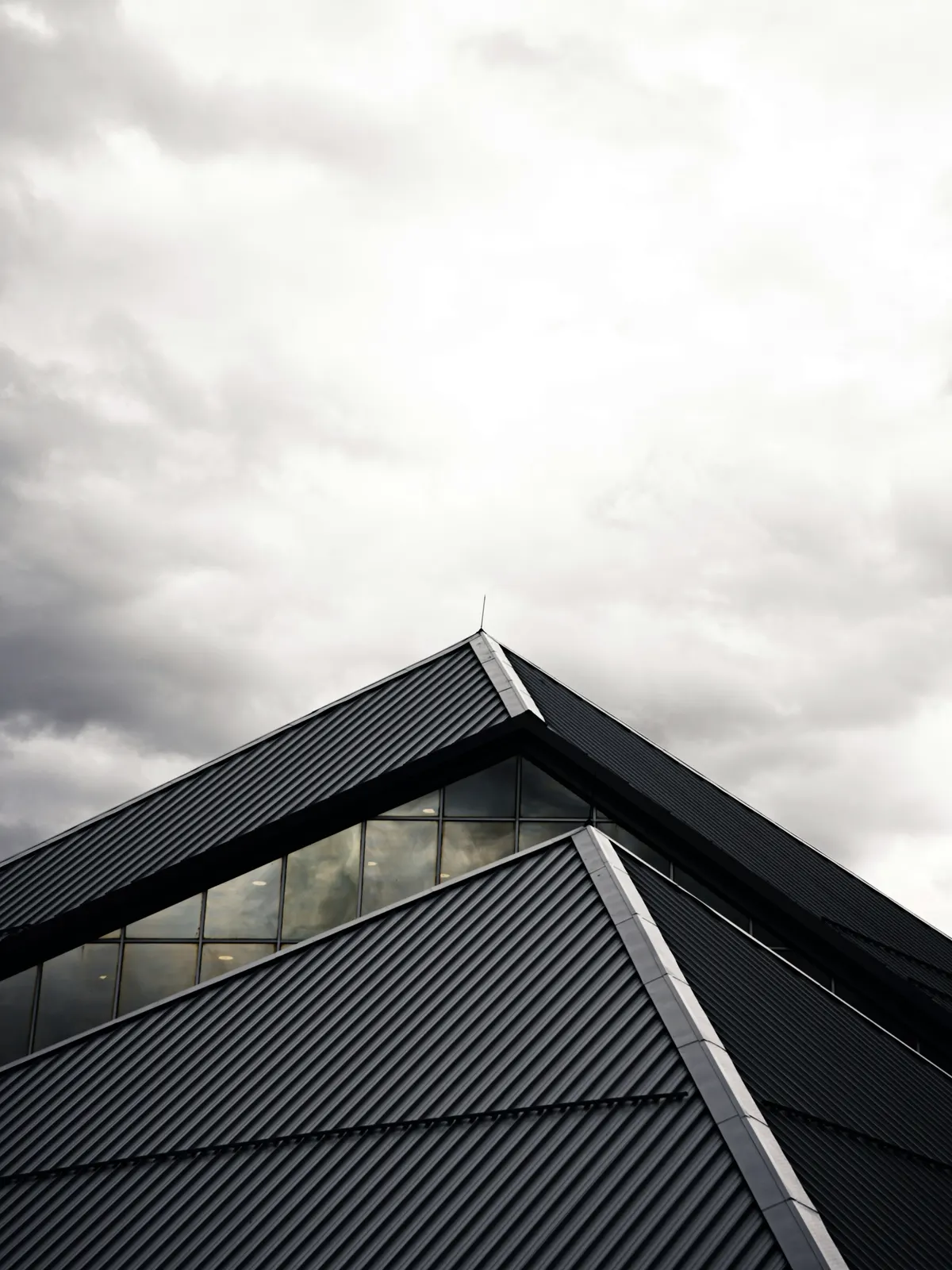 Dark standing-seam metal roof planes meeting at an apex under an overcast sky.