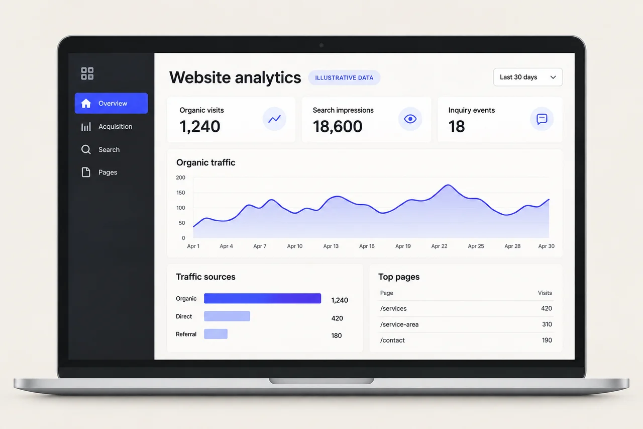 Laptop showing an illustrative website analytics dashboard with organic traffic, acquisition sources and search impressions.