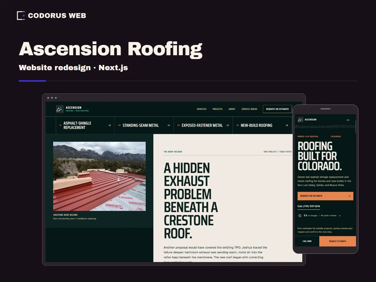 Ascension Roofing’s website presented in proportional desktop and mobile views.