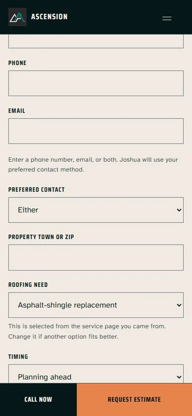 Ascension Roofing’s mobile estimate form with contact preferences and asphalt-shingle replacement selected.