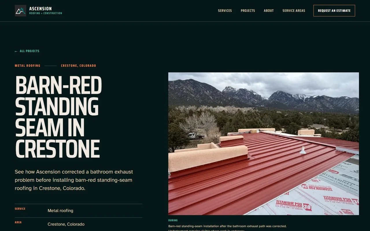 Ascension Roofing’s Roof Record pairs a completed metal-roof project with its location and roof photography.
