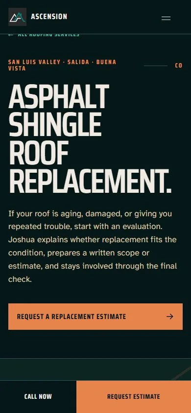 Ascension Roofing’s mobile roof-replacement page with its service introduction and estimate action.