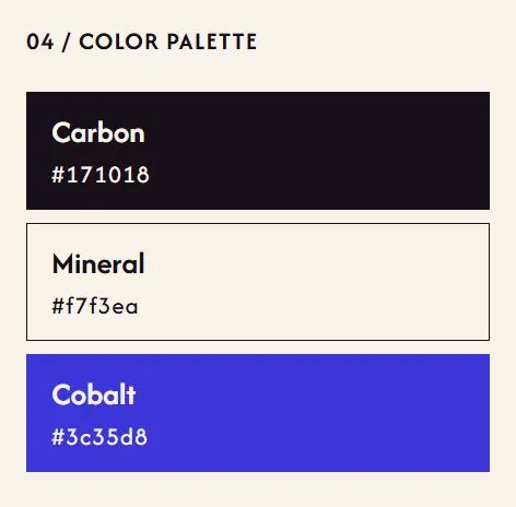Codorus colors: Carbon #171018, Mineral #f7f3ea and Cobalt #3c35d8.