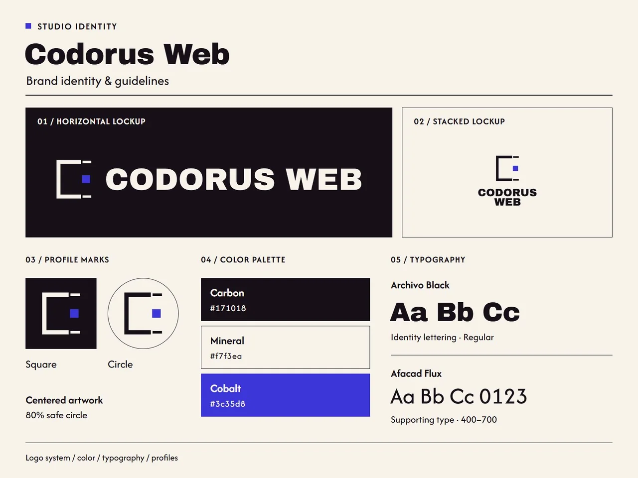 Codorus Web identity overview: horizontal and stacked logos, profile marks, Carbon, Mineral and Cobalt colors, and Archivo Black and Afacad Flux typography.
