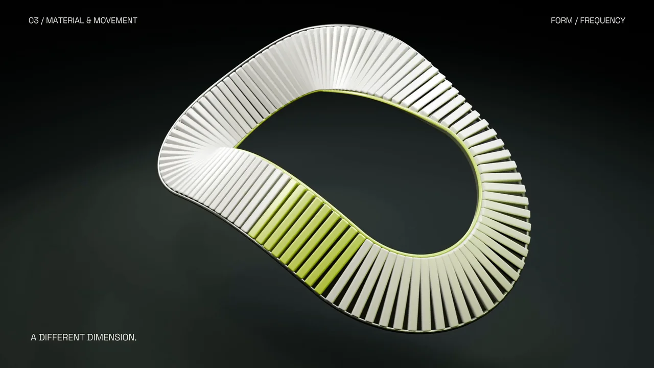 A folded loop of pale sculptural fins with a lime inner edge from Form / Frequency.