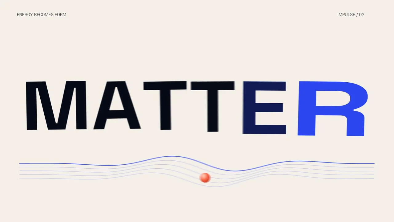The word Matter stretches above a coral sphere and cobalt wave on a cream background in Impulse.