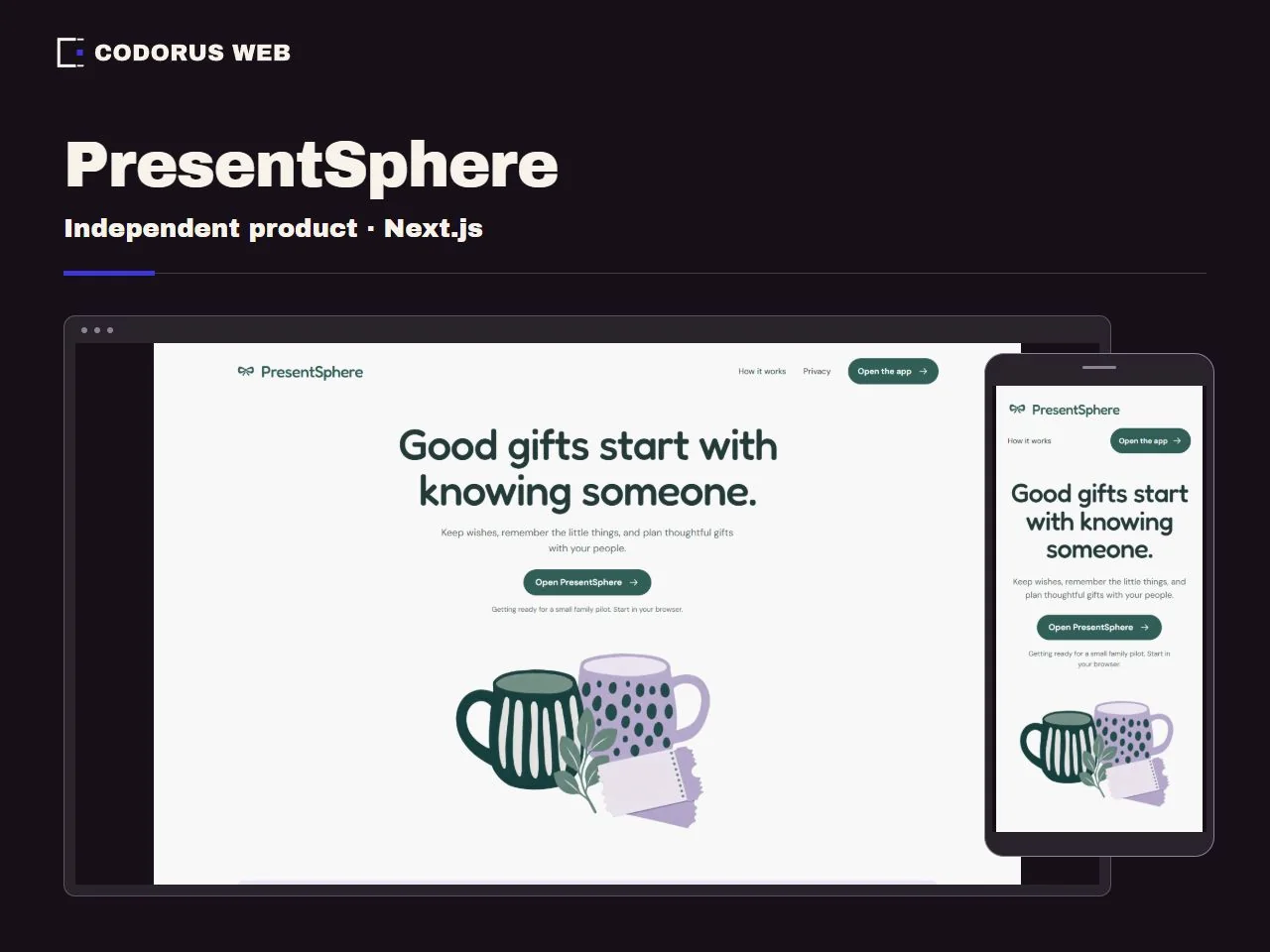 PresentSphere’s green and lavender interface shown in desktop and mobile views.