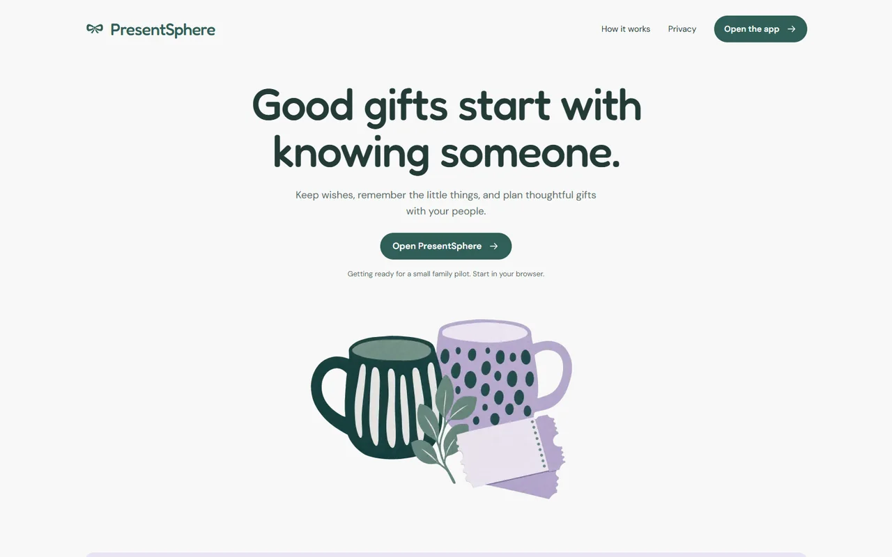 PresentSphere’s current homepage with a gift-finding introduction, recipient choices and green and lavender interface.