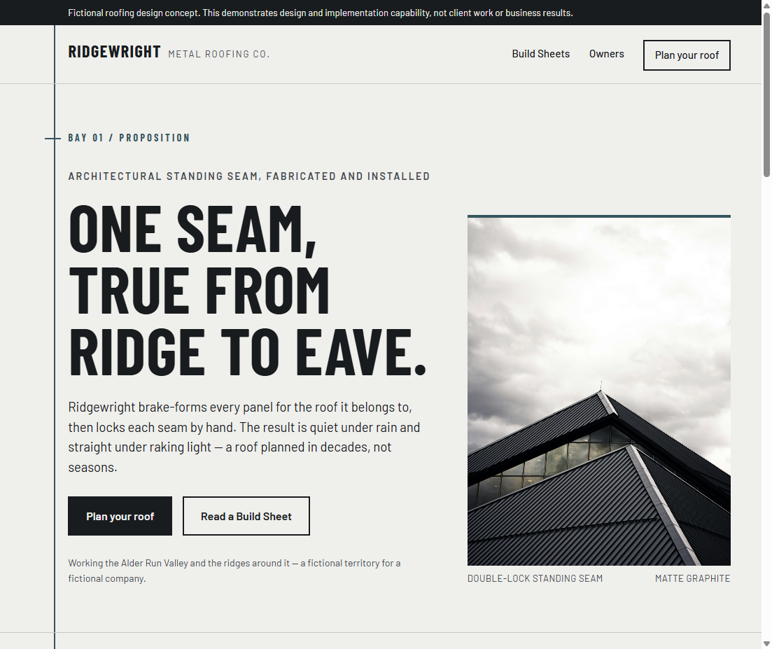 Ridgewright fictional roofing concept hero with its disclosure ribbon, vertical seam rule, and standing-seam photography.