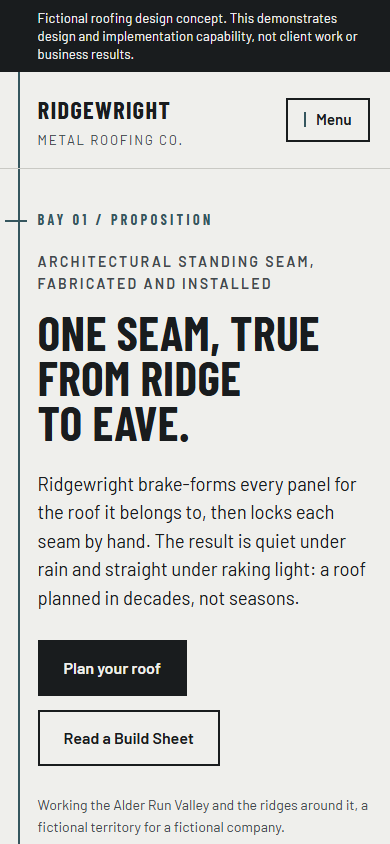 Ridgewright fictional roofing concept on mobile with the seam rule and first proposition bay.