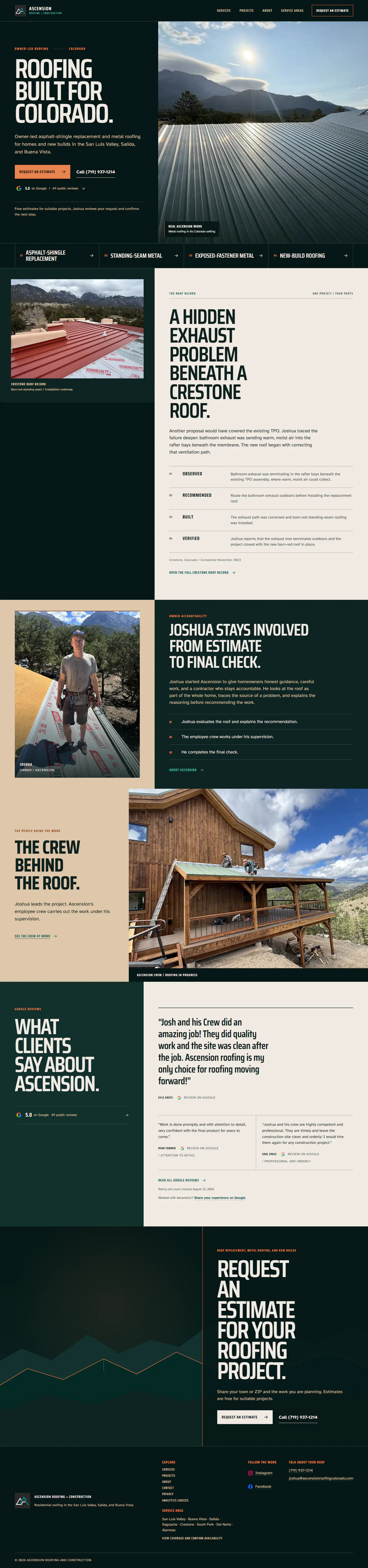 Ascension Roofing’s Colorado homepage, including roofing services, completed work, reviews and estimate access.