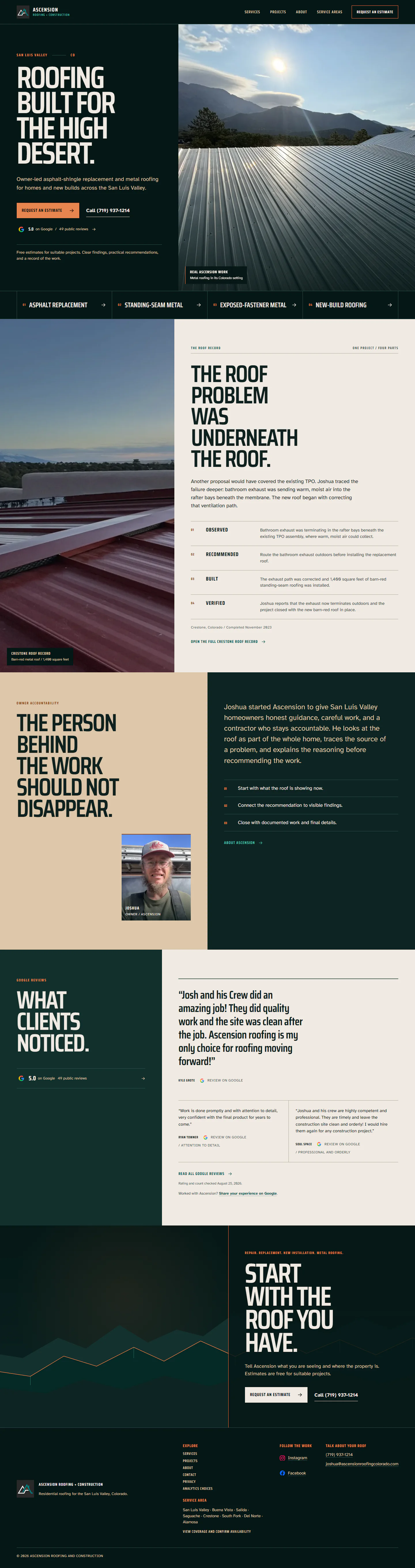 Full-page production capture of the Ascension Roofing homepage, from its high-desert roofing introduction through project proof, owner accountability, reviews, and estimate action.
