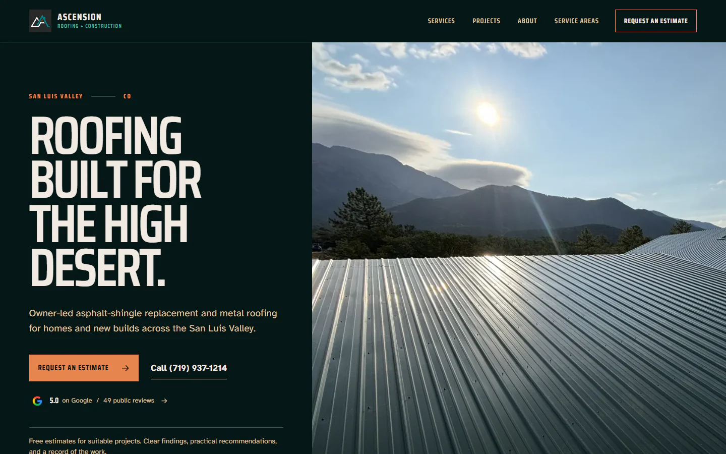 Ascension Roofing's production homepage introducing its high-desert roofing focus beside real roof photography.