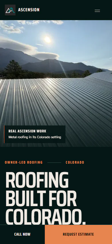 Ascension Roofing’s mobile homepage with roof photography, call and estimate actions.