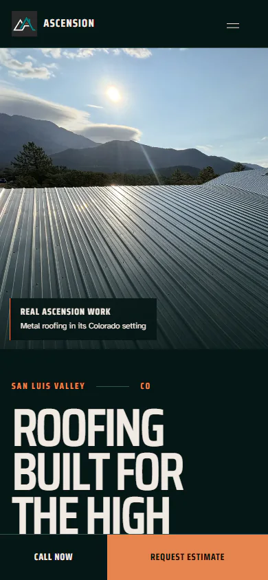 Ascension Roofing's production mobile homepage with roofing focus, estimate action, call path, and real project photography.