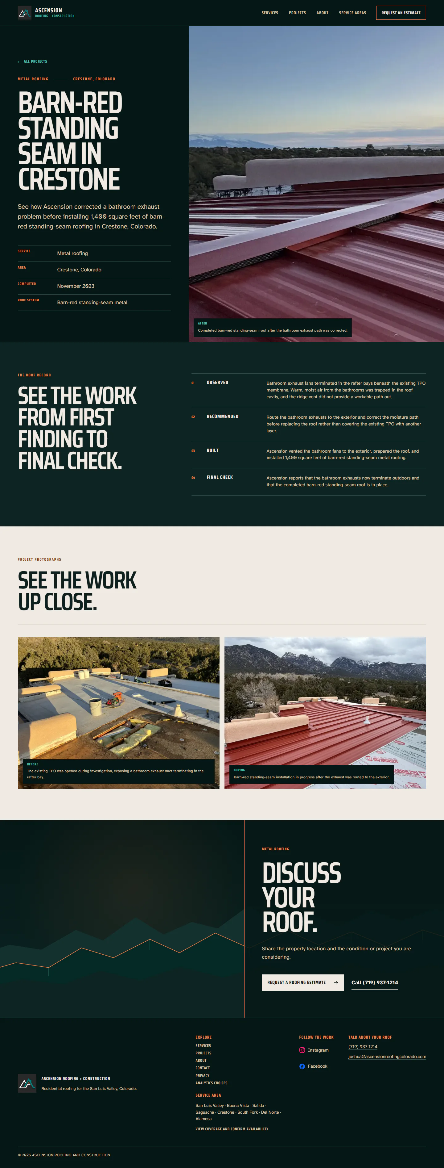 Ascension Roofing's production Roof Record presenting a documented metal-roofing project from first finding through final check.